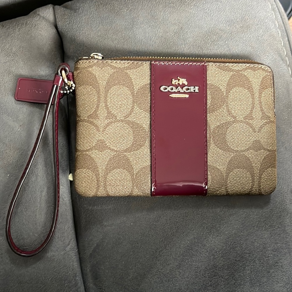 Coach Khaki/ Strawberry Signature PVC Leather Corner Zip Wallet Wristlet